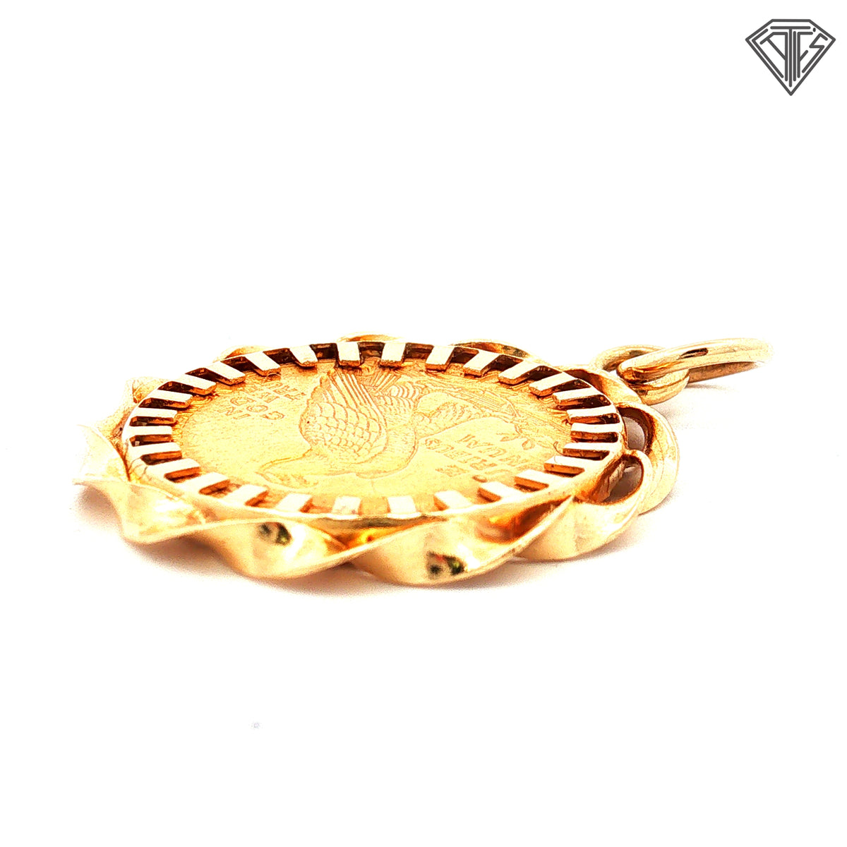 14k Yellow Gold 1914 $2.50 Indian Head Gold Coin in Ornate Set in Bezel Mounting Pendant