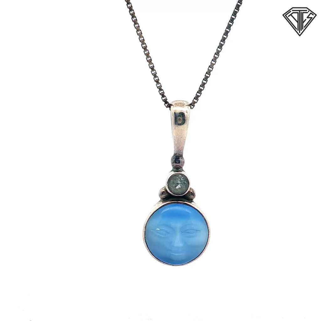 925 Sterling Silver Carved Moon Face with Round Cubic Zirconia Necklace 18"inch