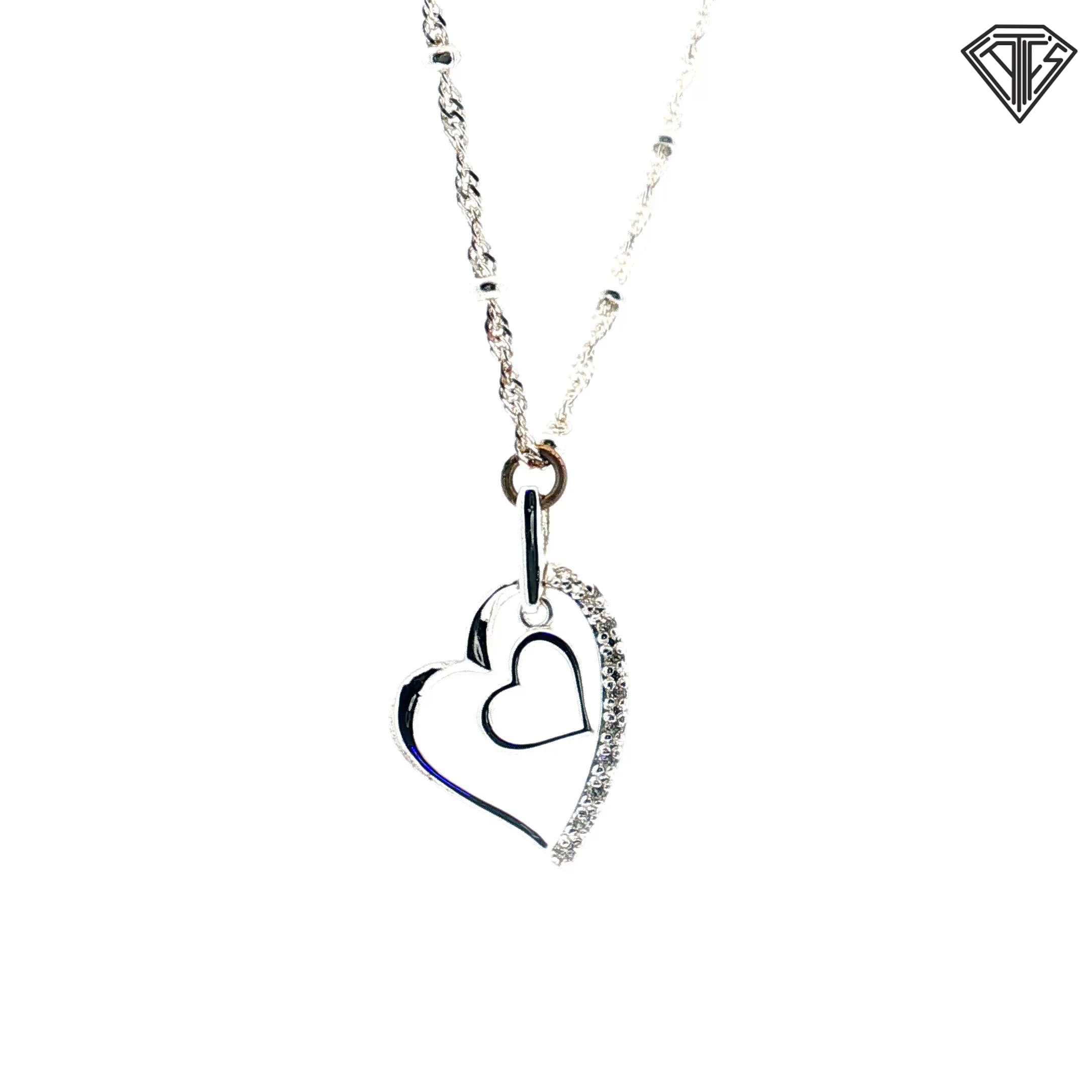 925 Sterling Silver .15ct Round Cubic Zirconium Stone Double Heart Necklace 30"inch