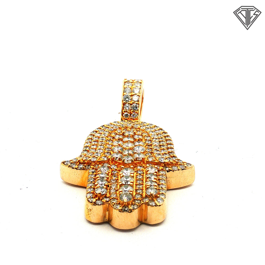 14k Yellow Gold 5.00ct G VS2 Round Diamond Khamsa Pendant 30.8 Gram 2"inch