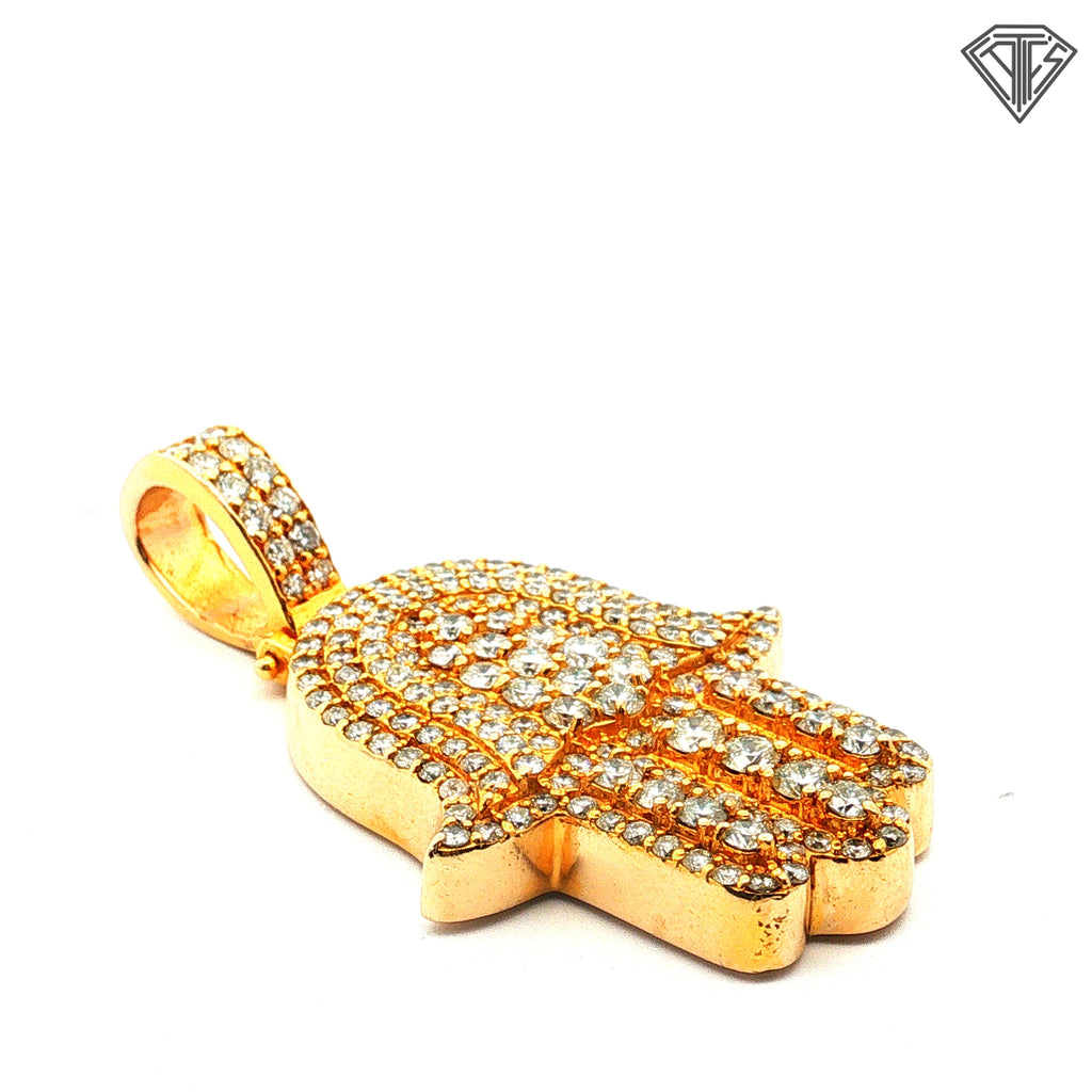 14k Yellow Gold 5.00ct G VS2 Round Diamond Khamsa Pendant 30.8 Gram 2"inch