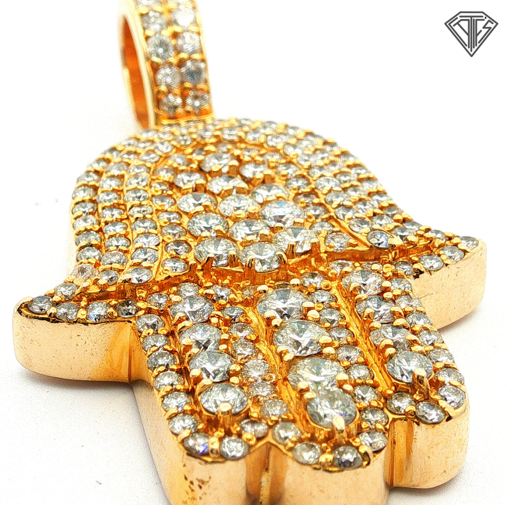 14k Yellow Gold 5.00ct G VS2 Round Diamond Khamsa Pendant 30.8 Gram 2"inch