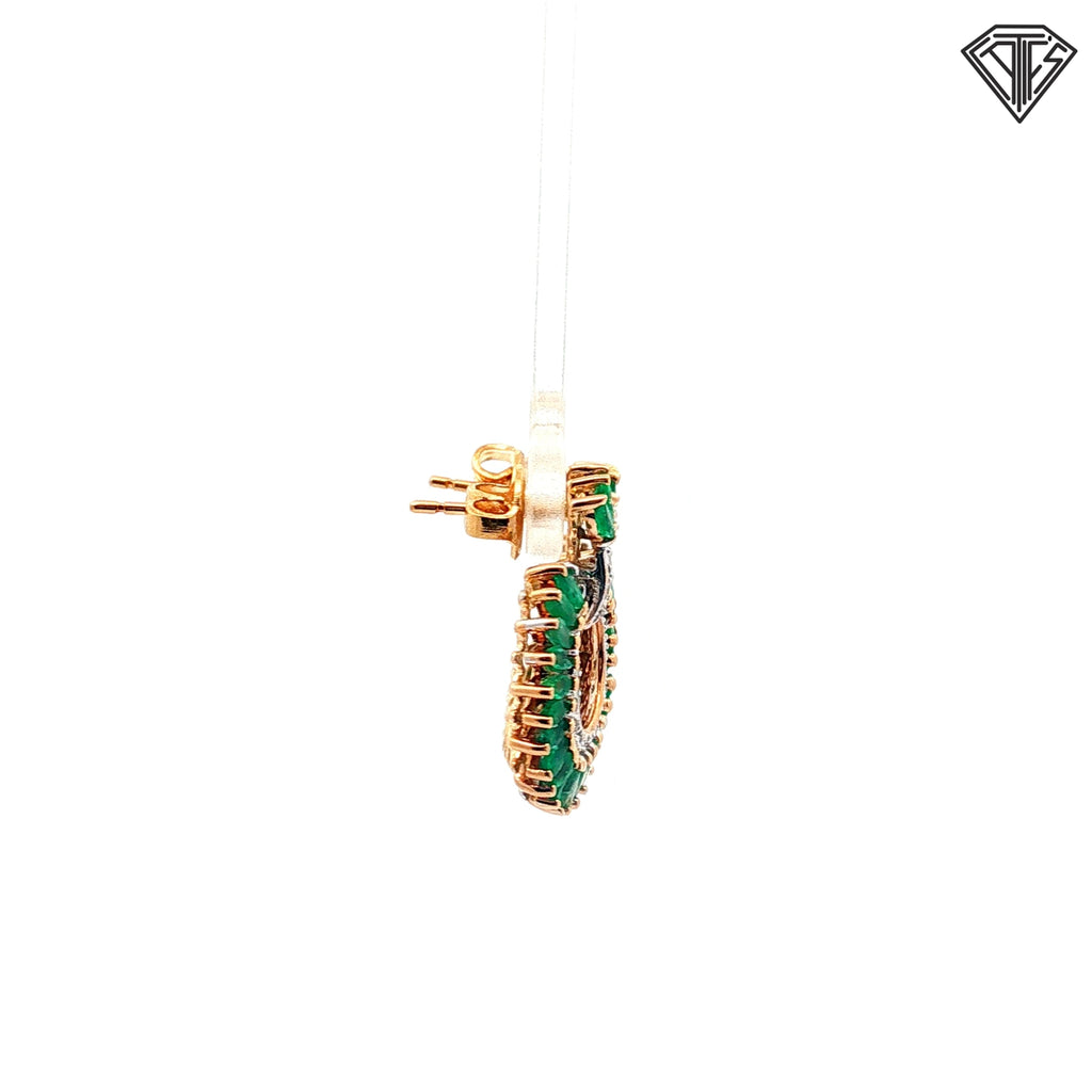 14k Two Tone 2.25ct Columbian Marquise Shape Emerald/ .25ct G SI2 Round Diamond Earrings  4.4 gram