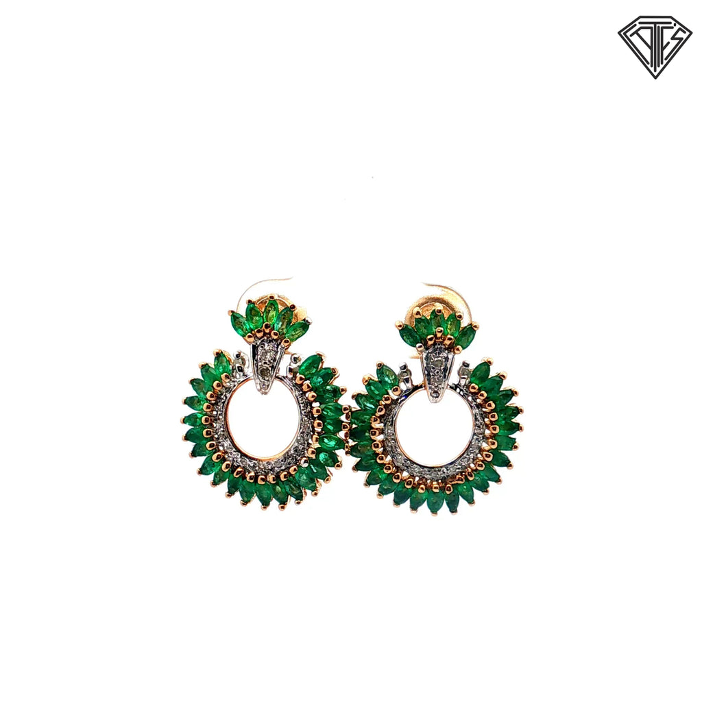 14k Two Tone 2.25ct Columbian Marquise Shape Emerald/ .25ct G SI2 Round Diamond Earrings  4.4 gram