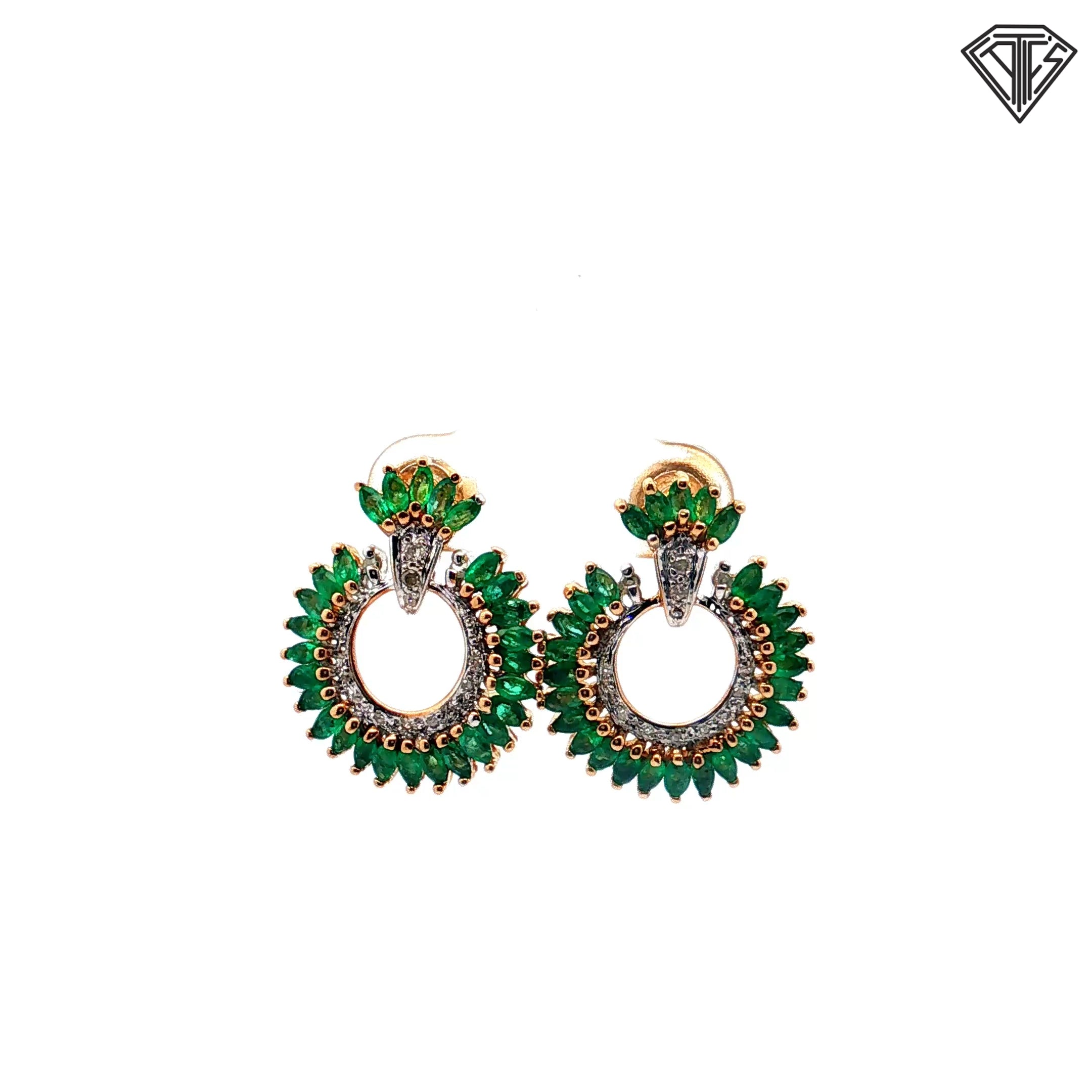 14k Two Tone 2.25ct Columbian Marquise Shape Emerald/ .25ct G SI2 Round Diamond Earrings  4.4 gram