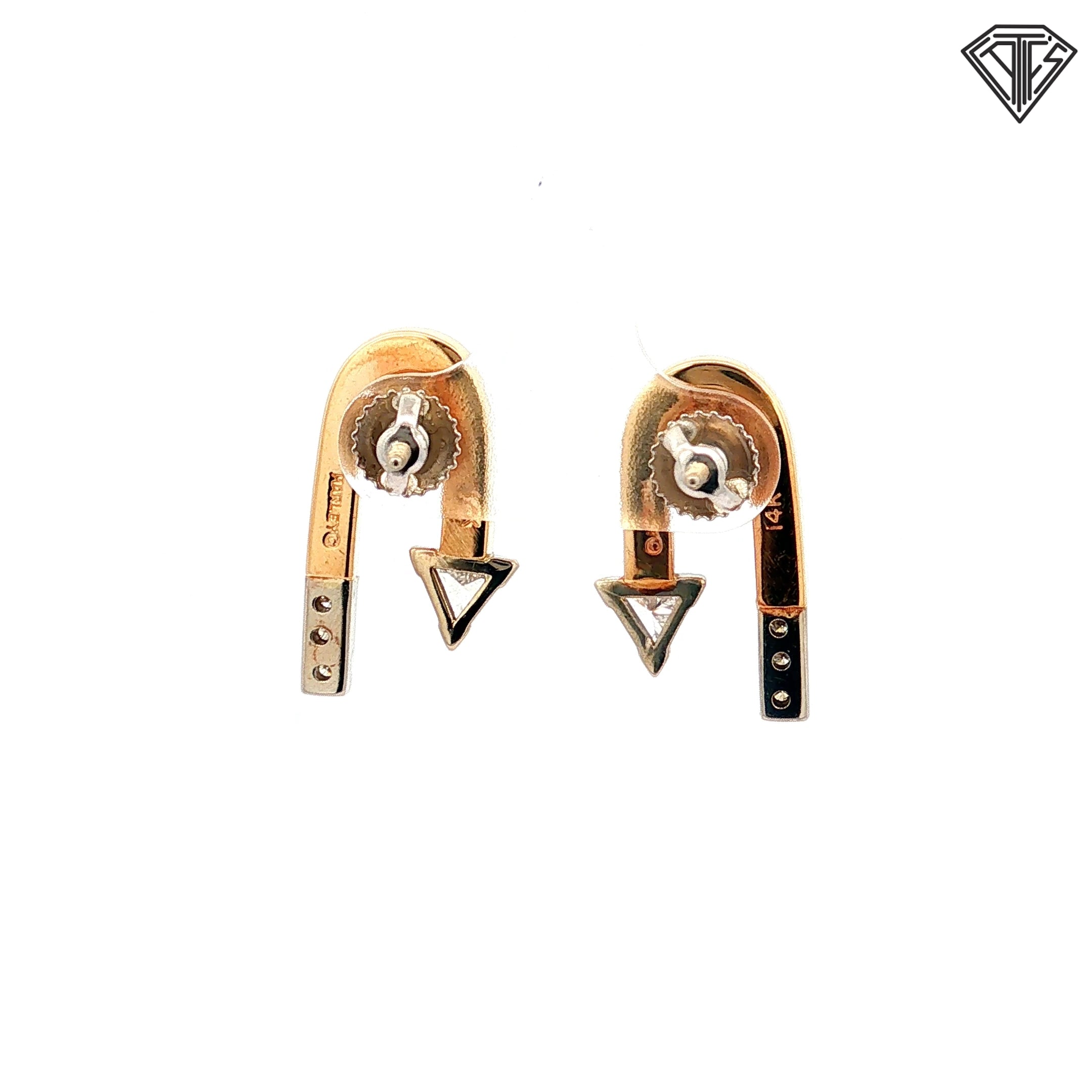 14k Two Tone .50ct G SI1 Round and Trillion Diamond Arrow Drop Earrings / Signed By Marley