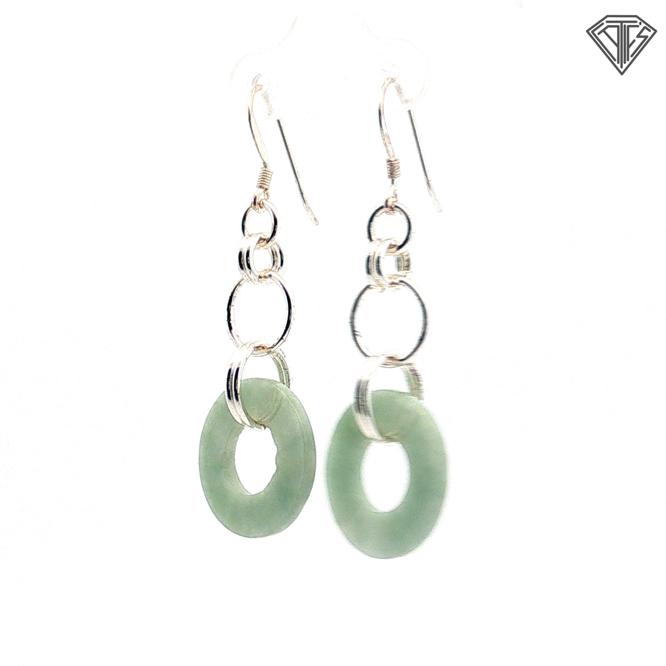 Vintage Chinese Jade and Silver Circle Link Set Necklace 16"inch / Earrings and Bracelet 7"inch