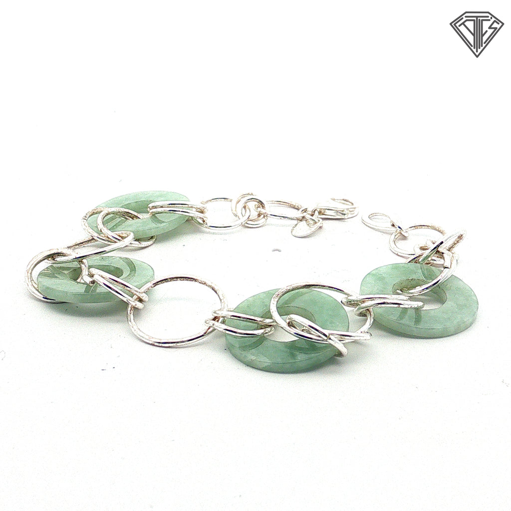 Vintage Chinese Jade and Silver Circle Link Set Necklace 16"inch / Earrings and Bracelet 7"inch