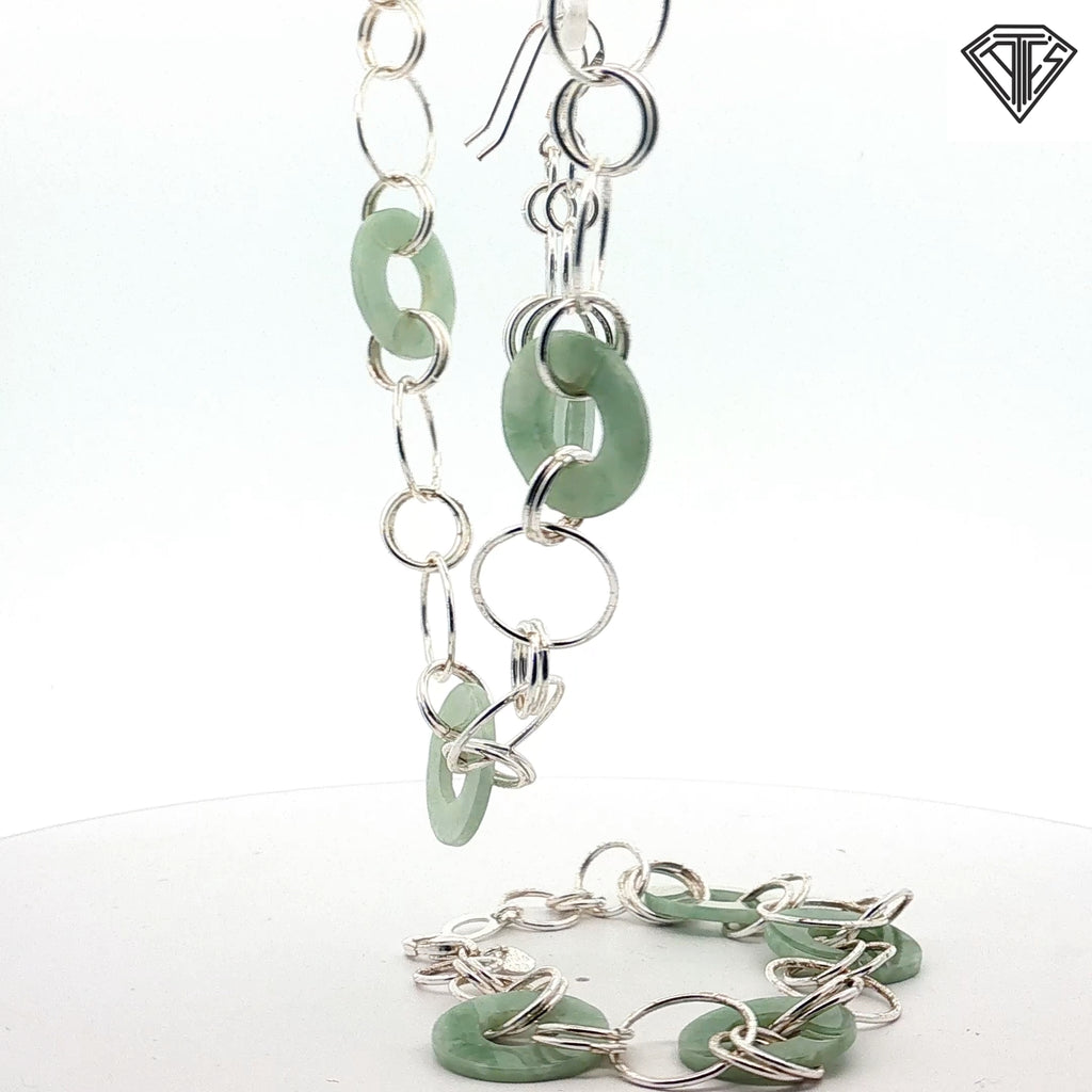 Vintage Chinese Jade and Silver Circle Link Set Necklace 16"inch / Earrings and Bracelet 7"inch