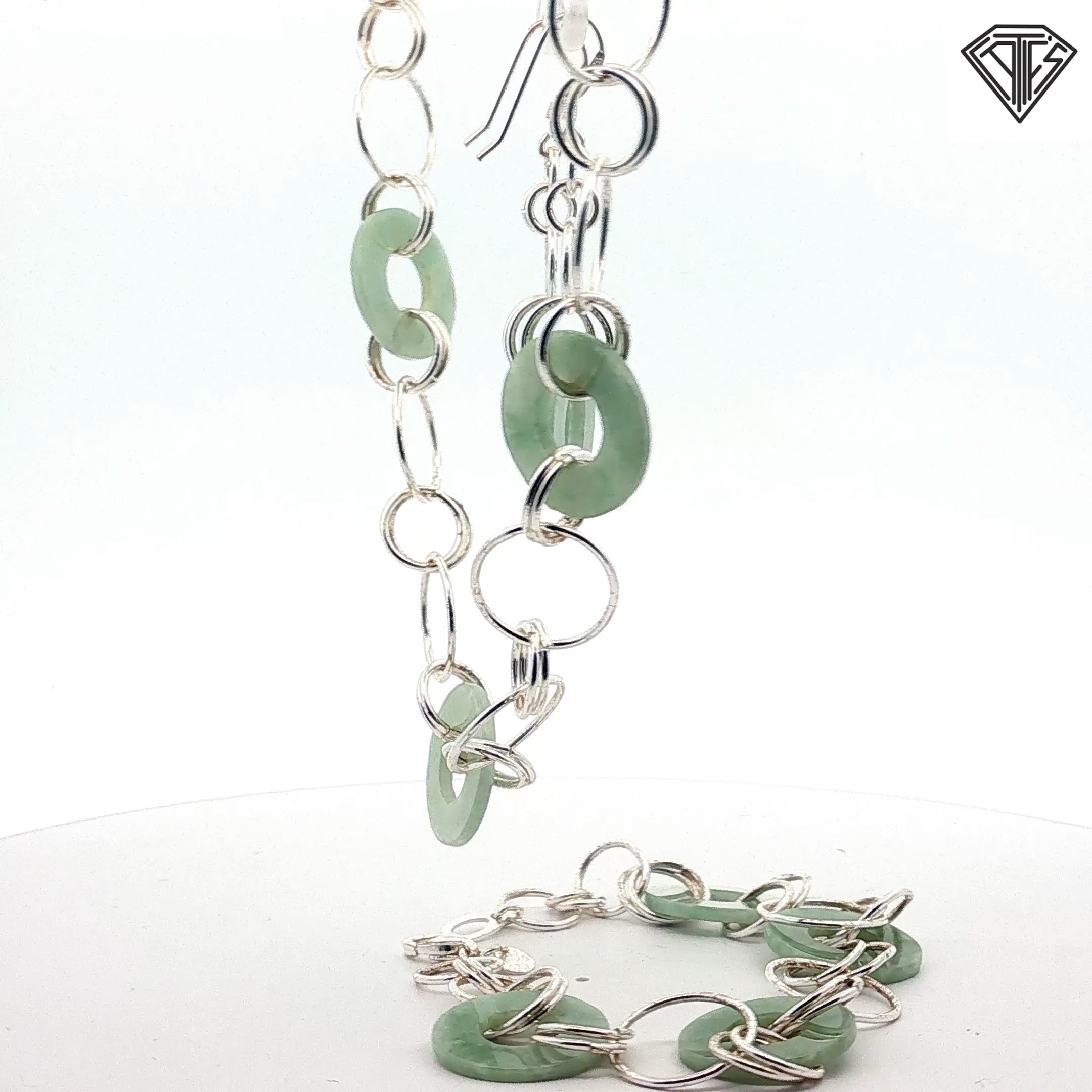 Vintage Chinese Jade and Silver Circle Link Set Necklace 16"inch / Earrings and Bracelet 7"inch