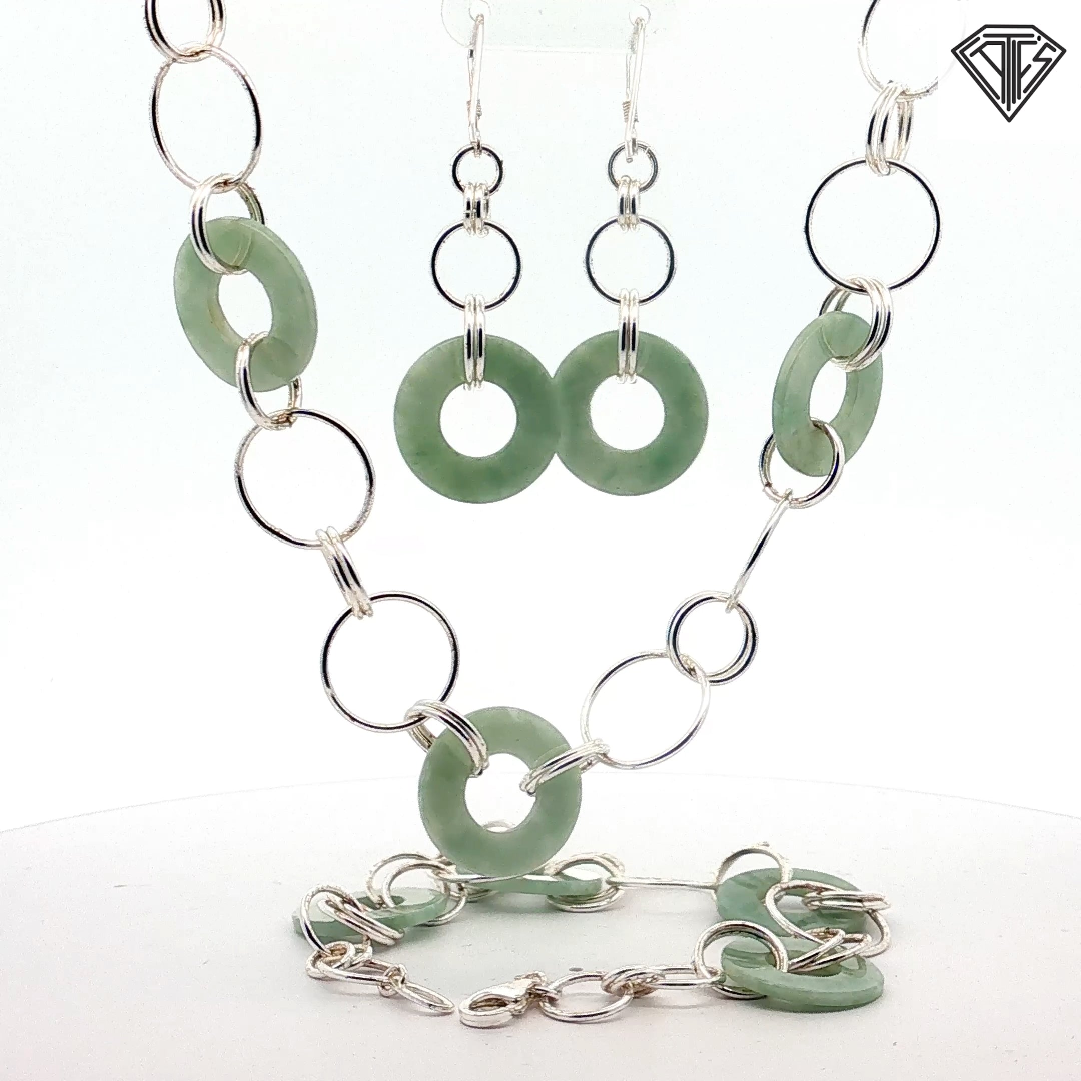 Vintage Chinese Jade and Silver Circle Link Set Necklace 16"inch / Earrings and Bracelet 7"inch