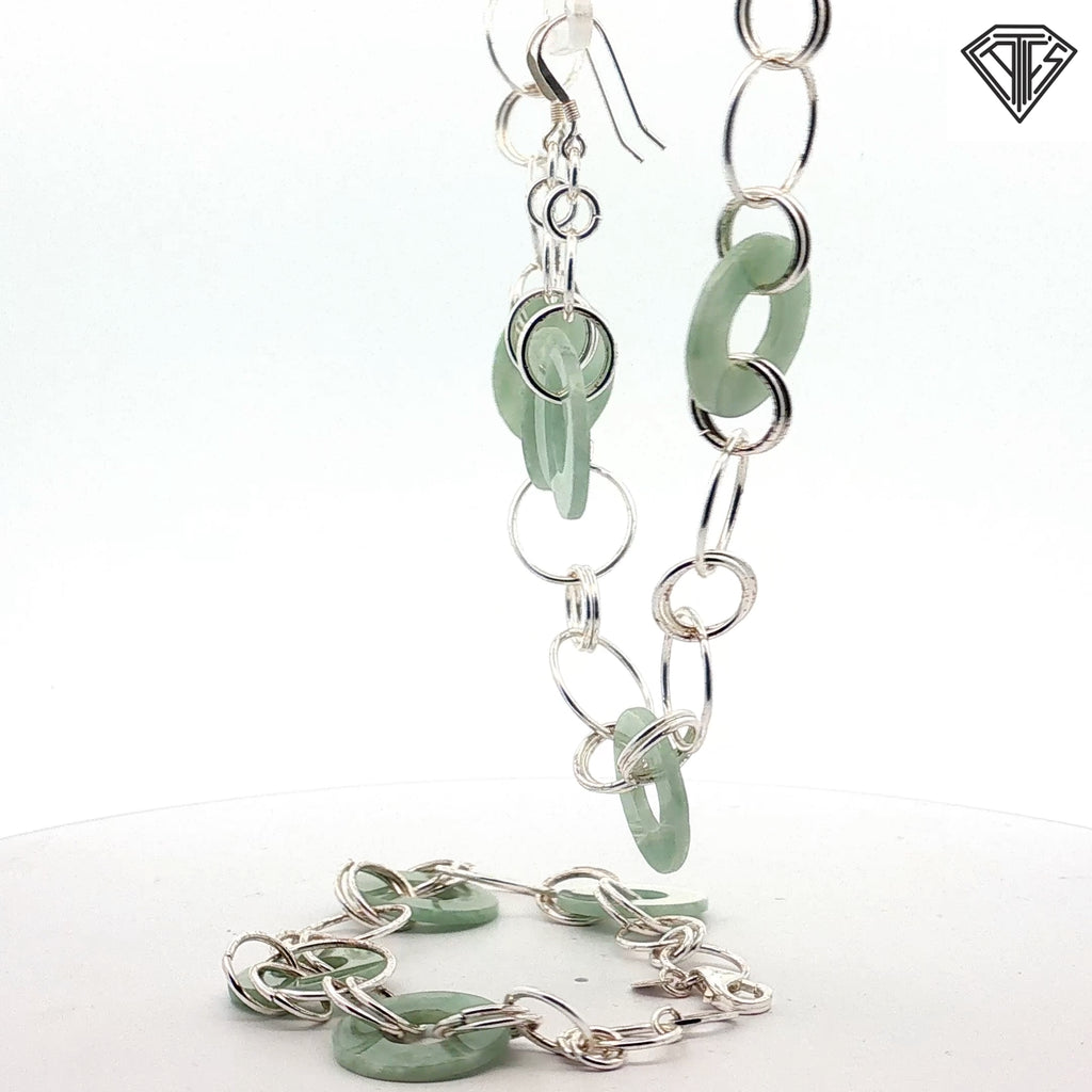 Vintage Chinese Jade and Silver Circle Link Set Necklace 16"inch / Earrings and Bracelet 7"inch