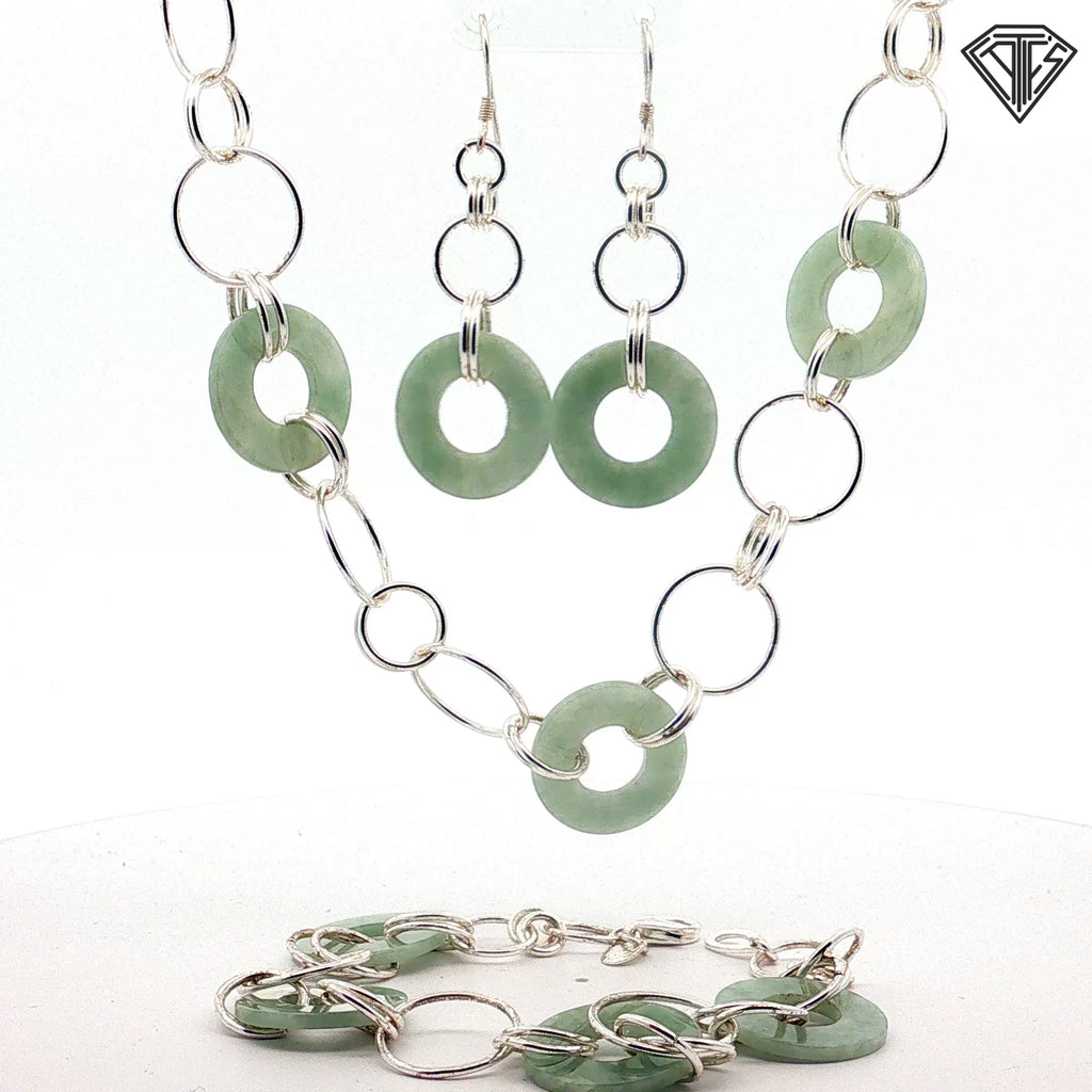 Vintage Chinese Jade and Silver Circle Link Set Necklace 16"inch / Earrings and Bracelet 7"inch