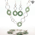 Vintage Chinese Jade and Silver Circle Link Set Necklace 16"inch / Earrings and Bracelet 7"inch