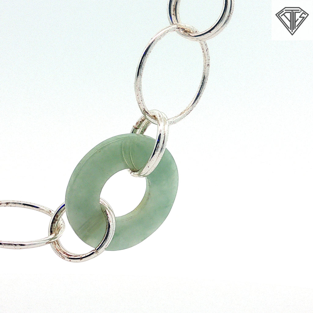 Vintage Chinese Jade and Silver Circle Link Set Necklace 16"inch / Earrings and Bracelet 7"inch