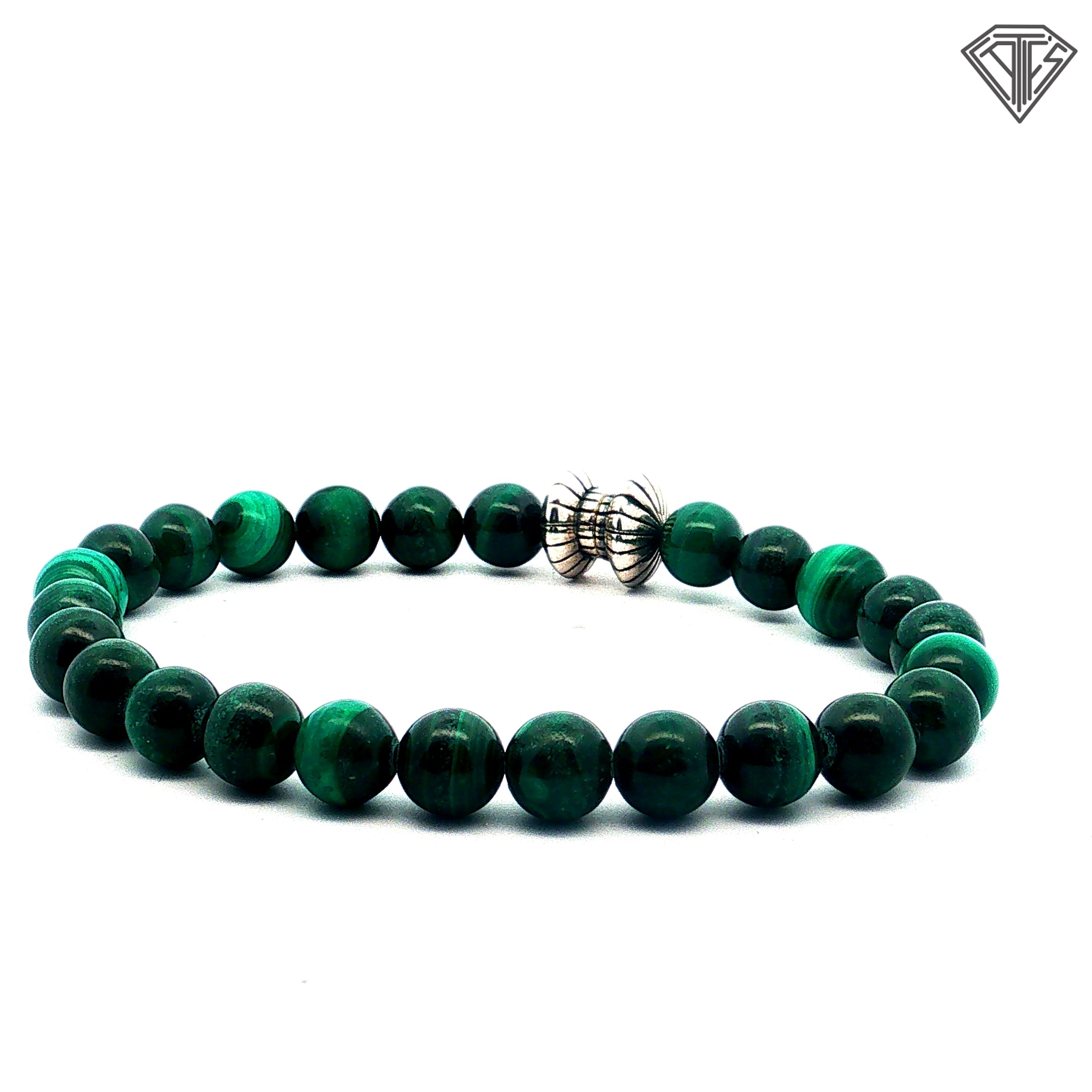 925 Sterling Silver Green Beaded Malachite with Magnetic Clasp Bracelet 8"inch 7.8mm / Graduated Necklace  8.5-12 mm 20"inch/ Earrings Stud 8mm Set