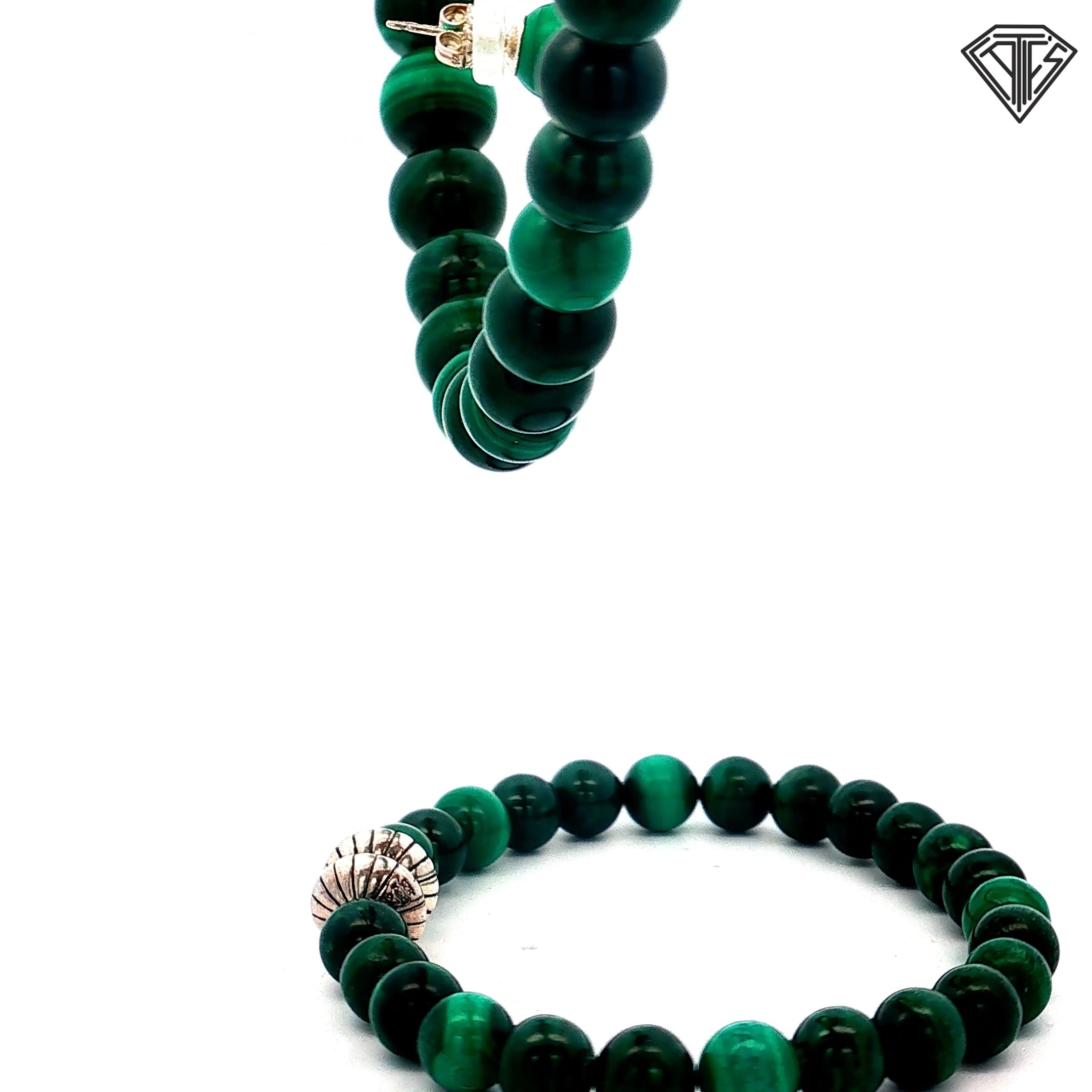 925 Sterling Silver Green Beaded Malachite with Magnetic Clasp Bracelet 8"inch 7.8mm / Graduated Necklace  8.5-12 mm 20"inch/ Earrings Stud 8mm Set