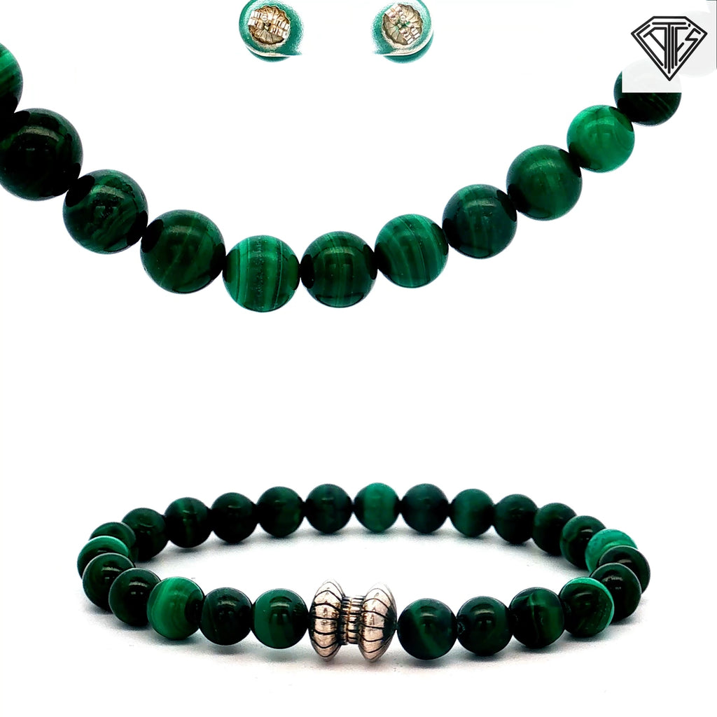 925 Sterling Silver Green Beaded Malachite with Magnetic Clasp Bracelet 8"inch 7.8mm / Graduated Necklace  8.5-12 mm 20"inch/ Earrings Stud 8mm Set