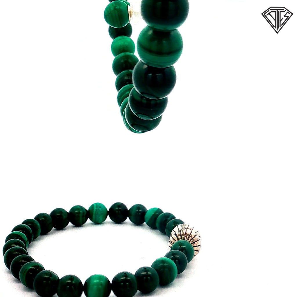 925 Sterling Silver Green Beaded Malachite with Magnetic Clasp Bracelet 8"inch 7.8mm / Graduated Necklace  8.5-12 mm 20"inch/ Earrings Stud 8mm Set