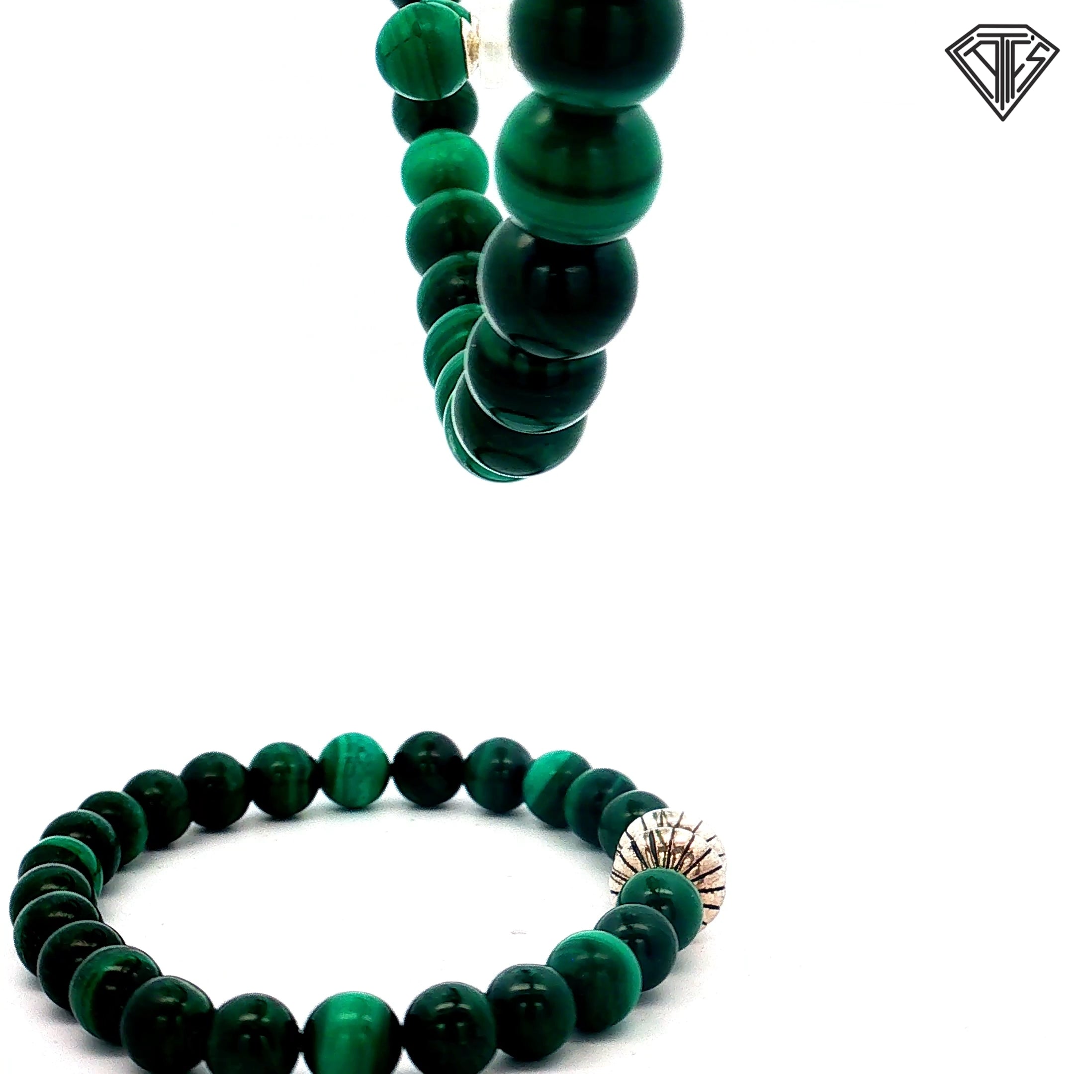 925 Sterling Silver Green Beaded Malachite with Magnetic Clasp Bracelet 8"inch 7.8mm / Graduated Necklace  8.5-12 mm 20"inch/ Earrings Stud 8mm Set