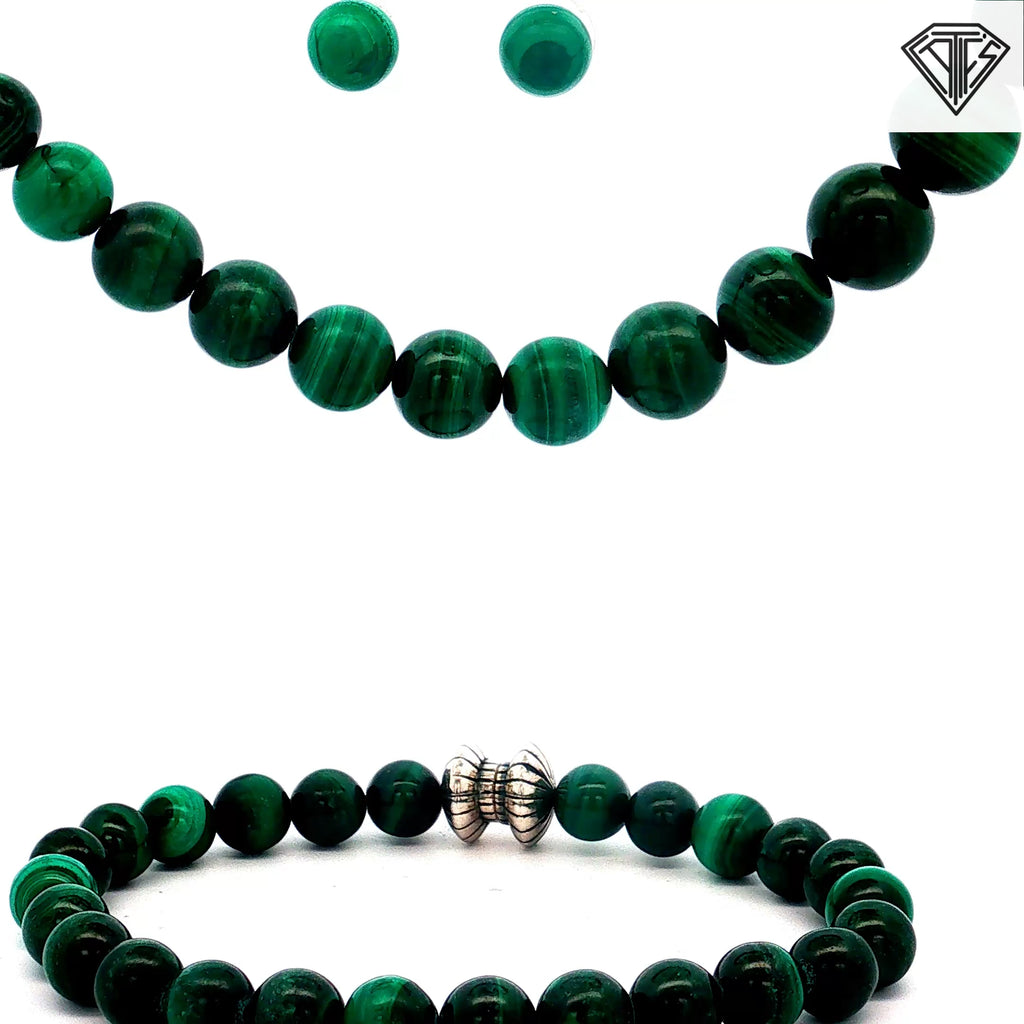 925 Sterling Silver Green Beaded Malachite with Magnetic Clasp Bracelet 8"inch 7.8mm / Graduated Necklace  8.5-12 mm 20"inch/ Earrings Stud 8mm Set