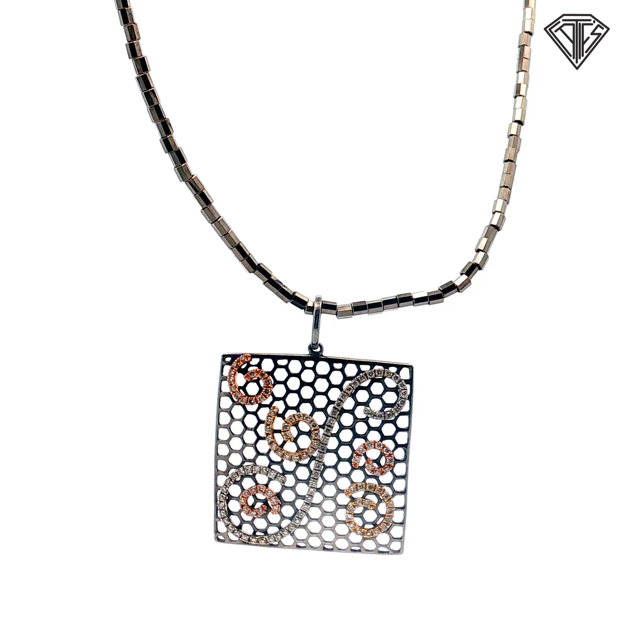 14k Rose/ White/ Black Rhodium .50ct G Si1 Round Diamond Square Open Work with a Honey Comb- Patterned Background / Scrolling Pave Set Design Pendant  1"inch