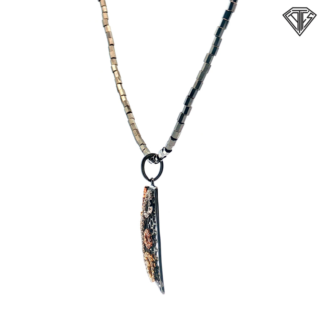 14k Rose/ White/ Black Rhodium .50ct G Si1 Round Diamond Square Open Work with a Honey Comb- Patterned Background / Scrolling Pave Set Design Pendant  1"inch