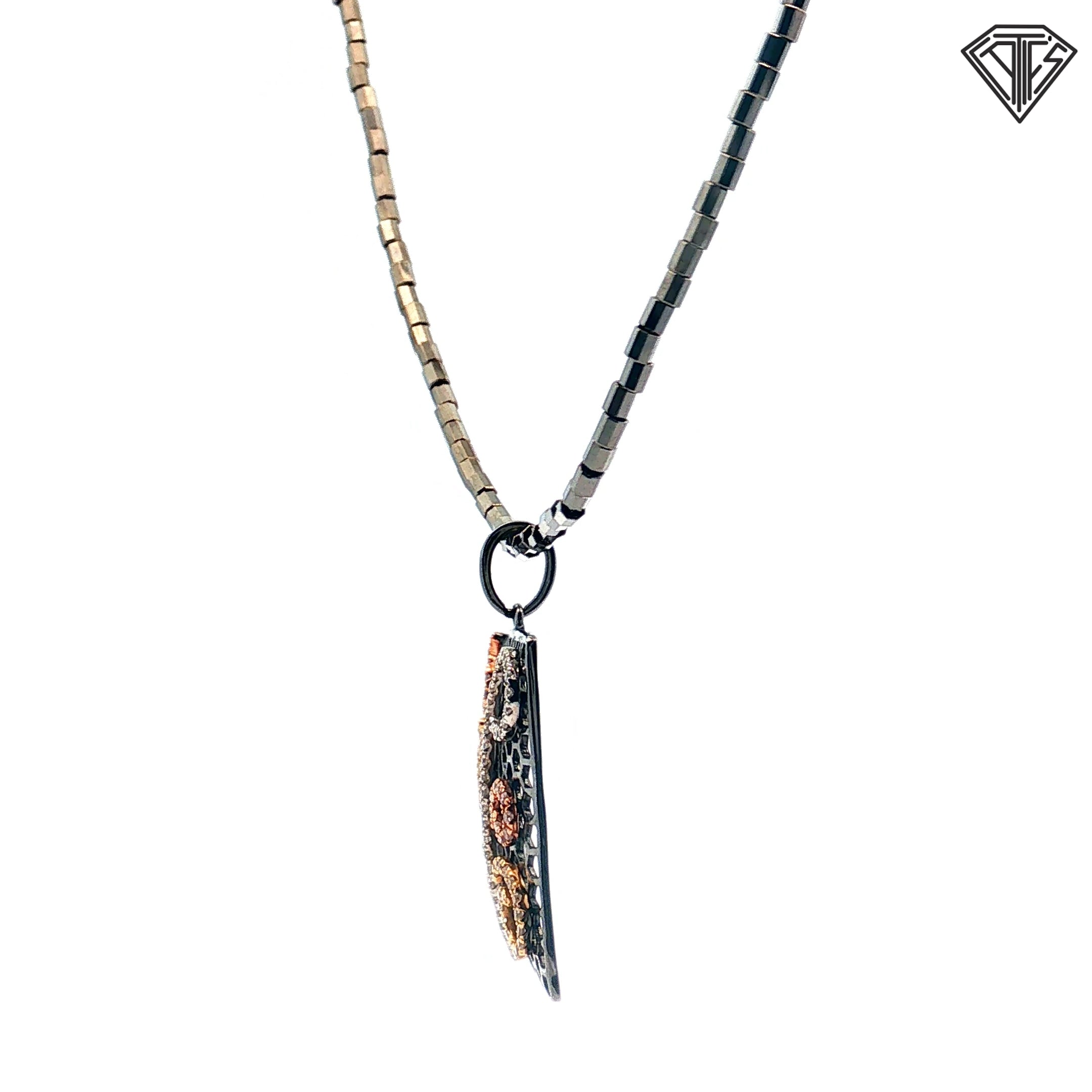 14k Rose/ White/ Black Rhodium .50ct G Si1 Round Diamond Square Open Work with a Honey Comb- Patterned Background / Scrolling Pave Set Design Pendant  1"inch