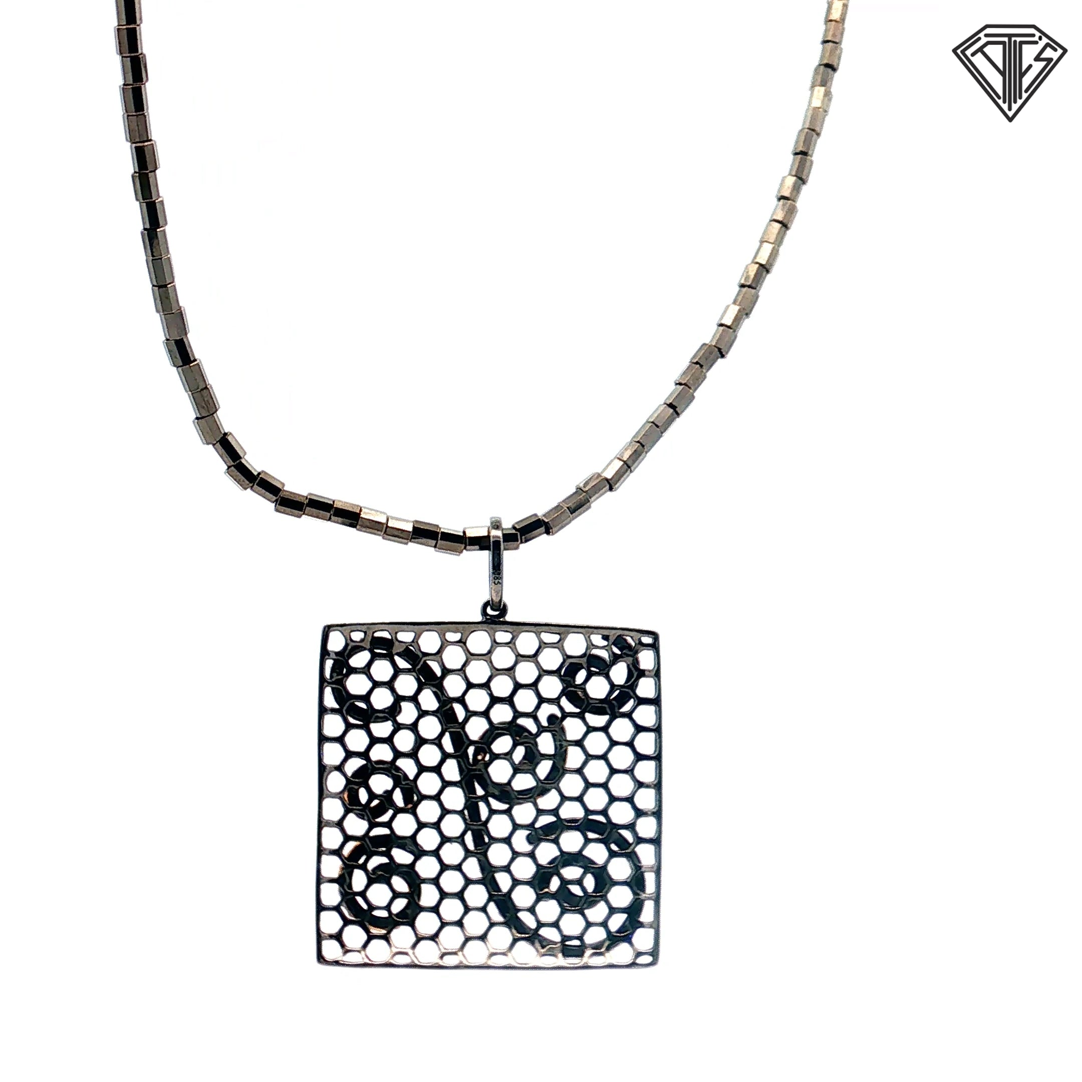 14k Rose/ White/ Black Rhodium .50ct G Si1 Round Diamond Square Open Work with a Honey Comb- Patterned Background / Scrolling Pave Set Design Pendant  1"inch
