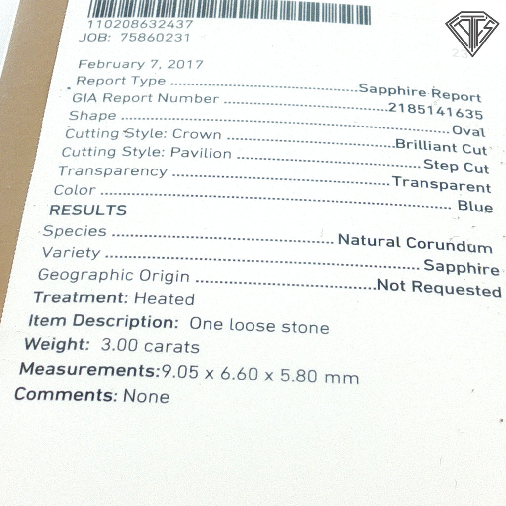 3.00ct Oval Blue Sapphire  9.05 x 6.60 x 5.80 mm Loose Stone Certified By GIA# 2185141635
