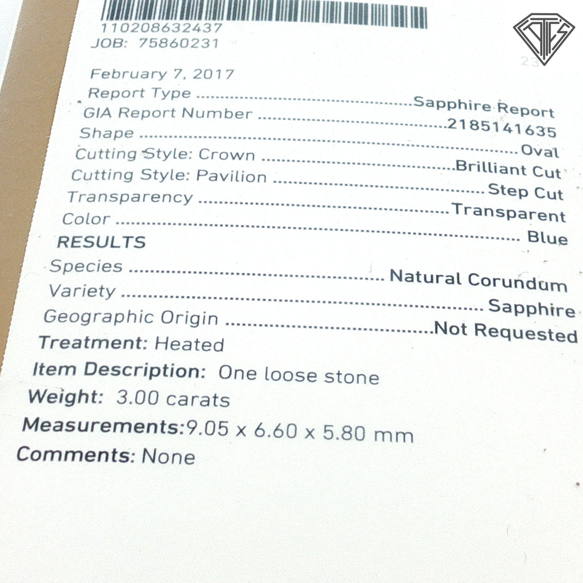 3.00ct Oval Blue Sapphire  9.05 x 6.60 x 5.80 mm Loose Stone Certified By GIA# 2185141635
