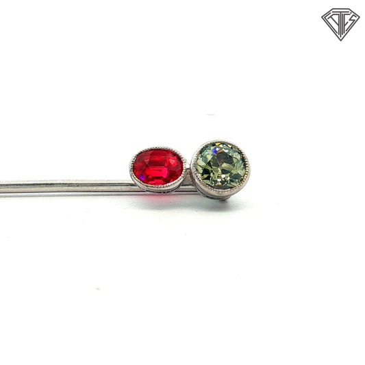 Platinum Stick Pin with an Approximately .50ct Natural Chameleon Diamond Certified by GIA #2245012586 Accompanied by a Synthetic Ruby