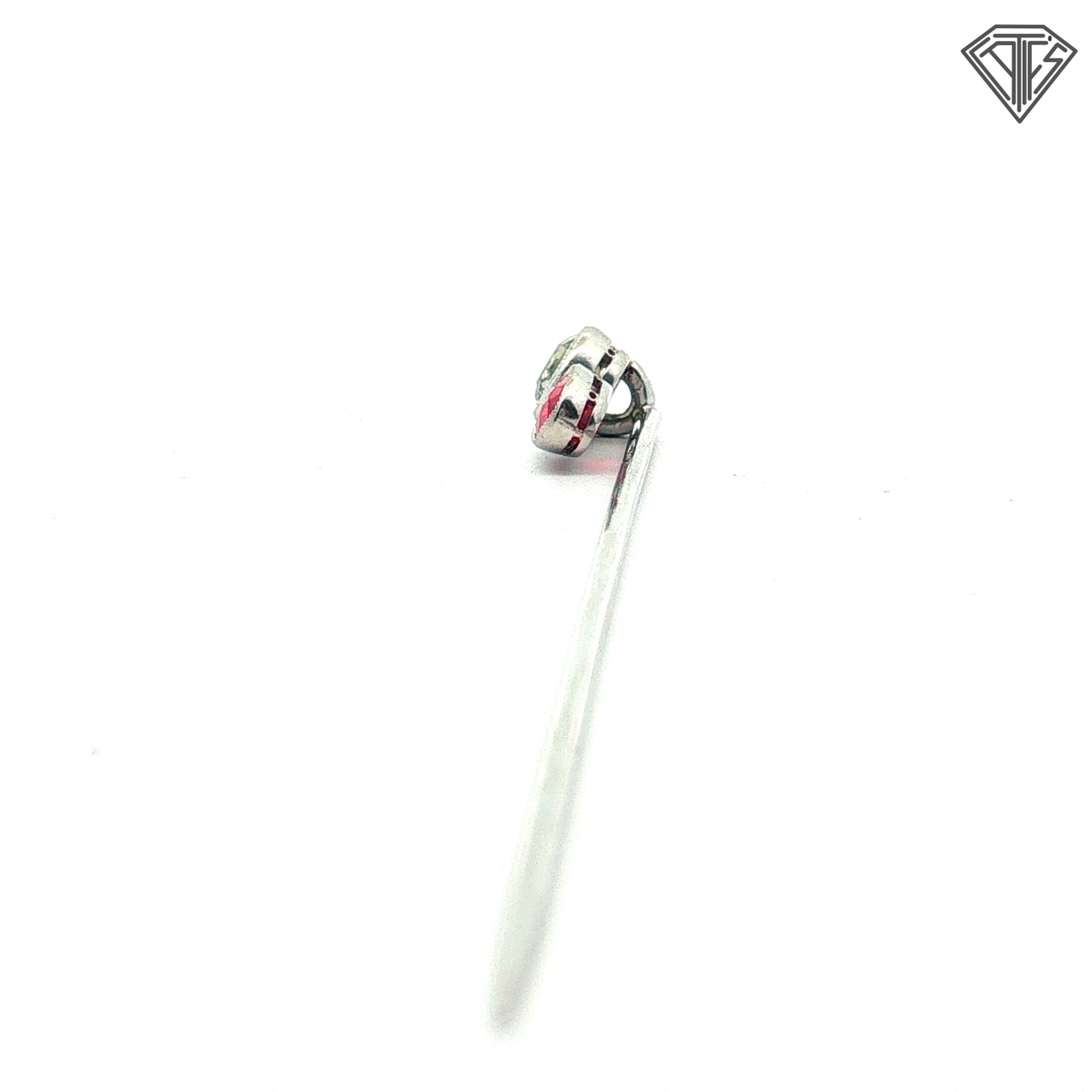 Platinum Stick pin with an approximately .50ct natural Chameleon Diamond Certified By GIA # 2245012586 accompanied by a synthetic ruby