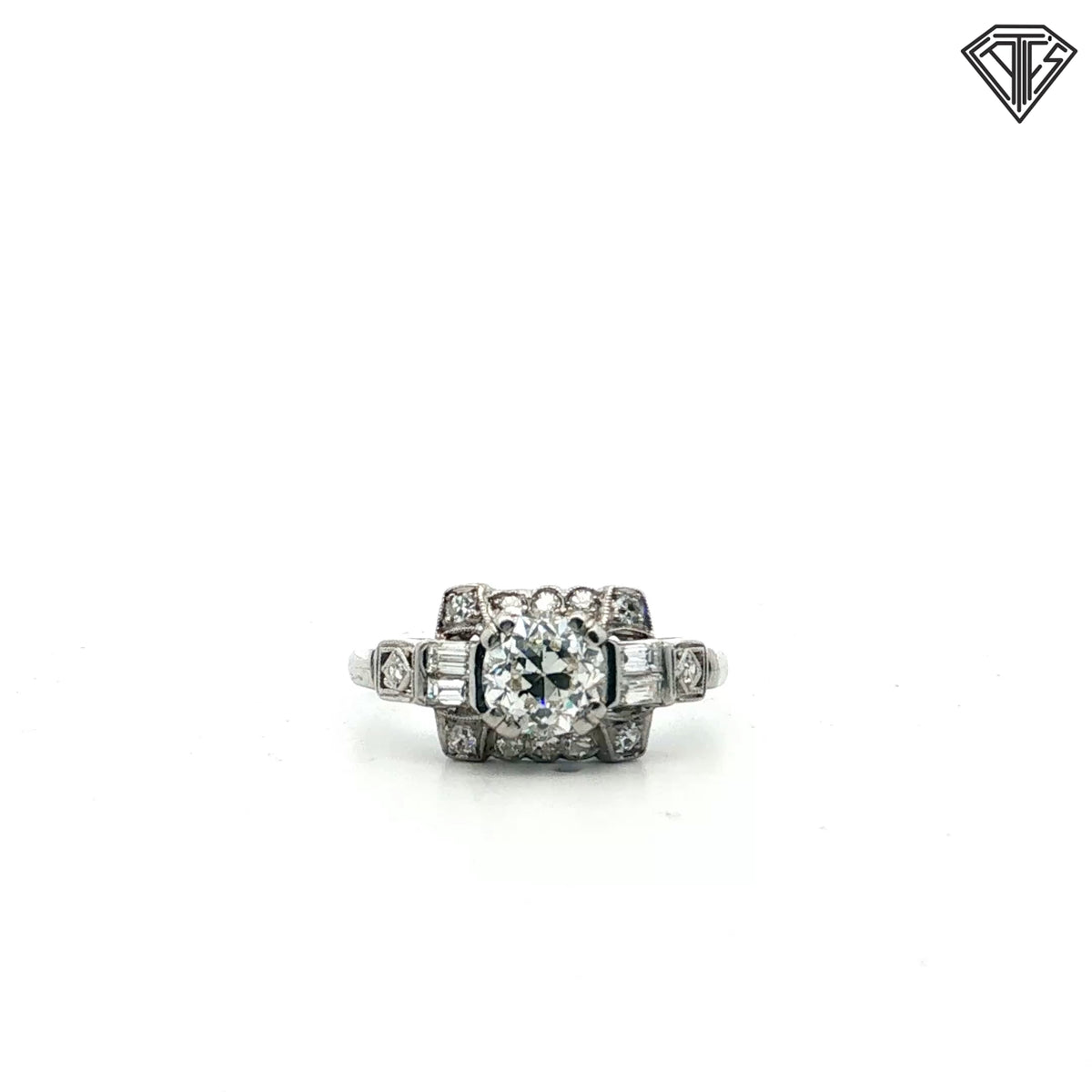 Platinum Art Deco .80ct G SI1 Round Old European Cut Center / .30ct G SI1 Emerald Cut Diamond Ring Size 7