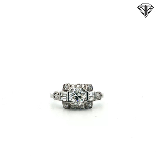 Platinum Art Deco .80ct G SI1 Round Old European Cut Center / .30ct G SI1 Emerald Cut Diamond Ring Size 7