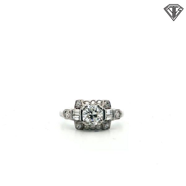 Platinum Art Deco .80ct G SI1 Round Old European Cut Center / .30ct G SI1 Emerald Cut Diamond Ring Size 7