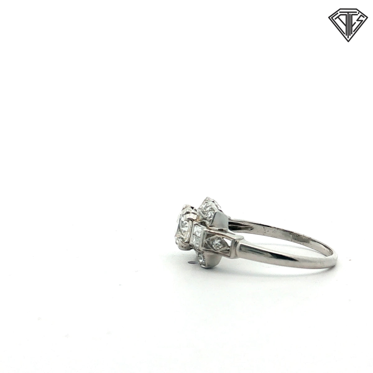 Platinum Art Deco .80ct G SI1 Round Old European Cut Center / .30ct G SI1 Emerald Cut Diamond Ring Size 7