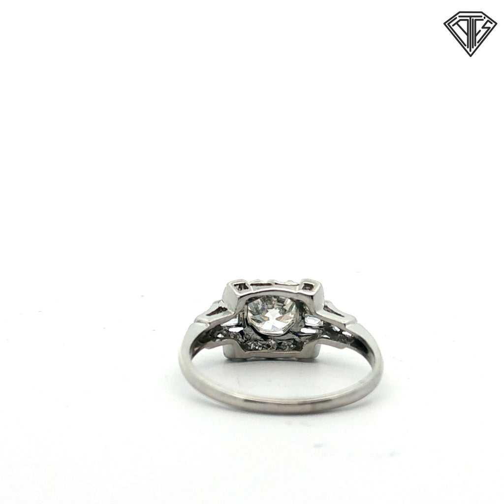 Platinum Art Deco .80ct G SI1 Round Old European Cut Center / .30ct G SI1 Emerald Cut Diamond Ring Size 7
