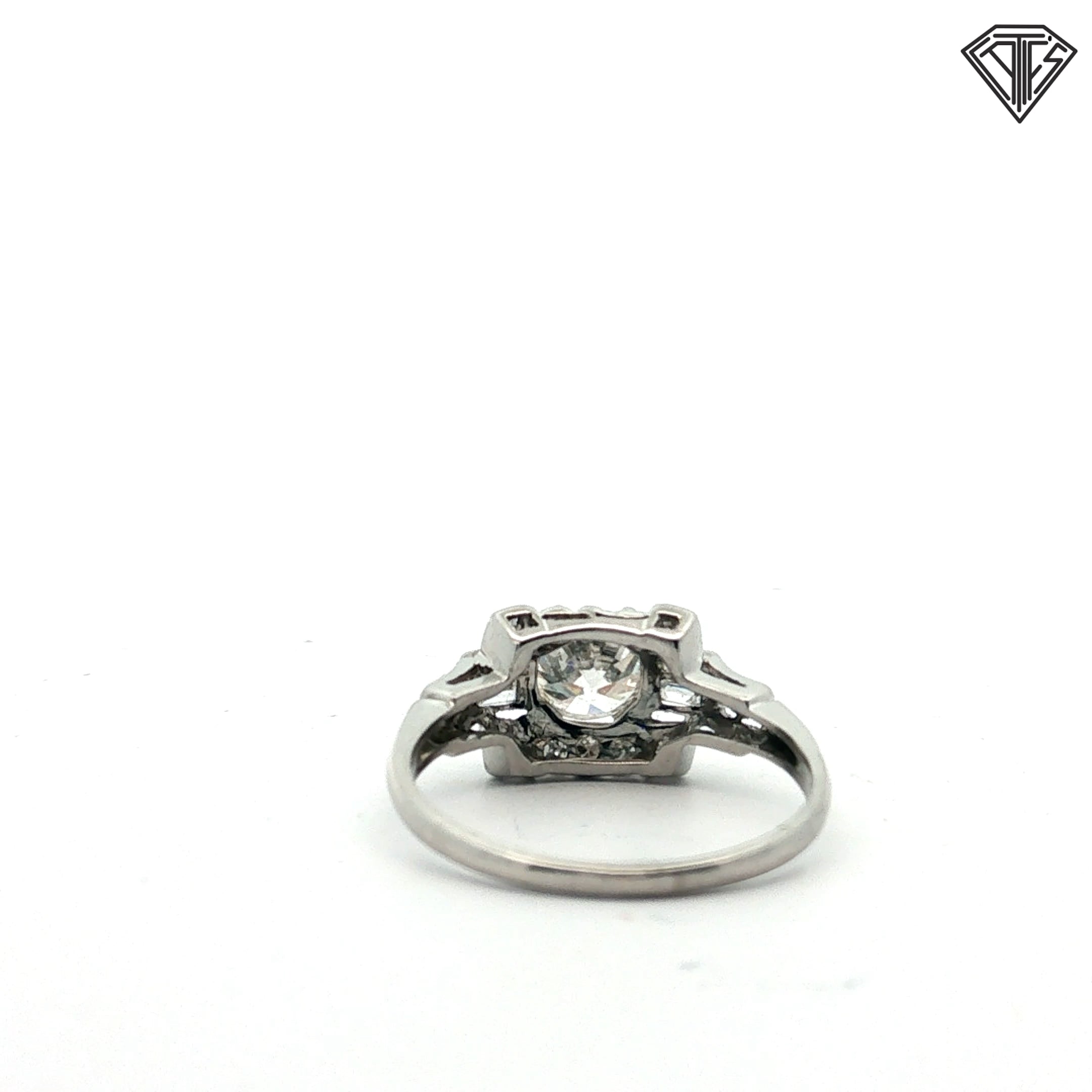 Platinum Art Deco .80ct G SI1 Round Old European Cut Center / .30ct G SI1 Emerald Cut Diamond Ring Size 7