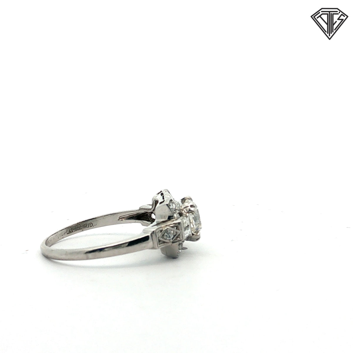 Platinum Art Deco .80ct G SI1 Round Old European Cut Center / .30ct G SI1 Emerald Cut Diamond Ring Size 7
