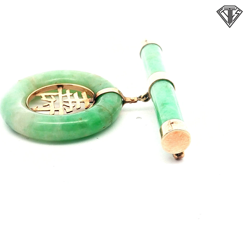 14k Yellow Gold Vintage Chinese Jade Bar Brooch and Pendant Convertible Design Bar Brooch/ Central Symbol Longevity