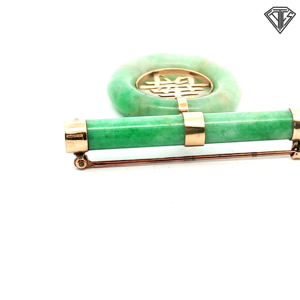14k Yellow Gold Vintage Chinese Jade Bar Brooch and Pendant Convertible Design Bar Brooch/ Central Symbol Longevity