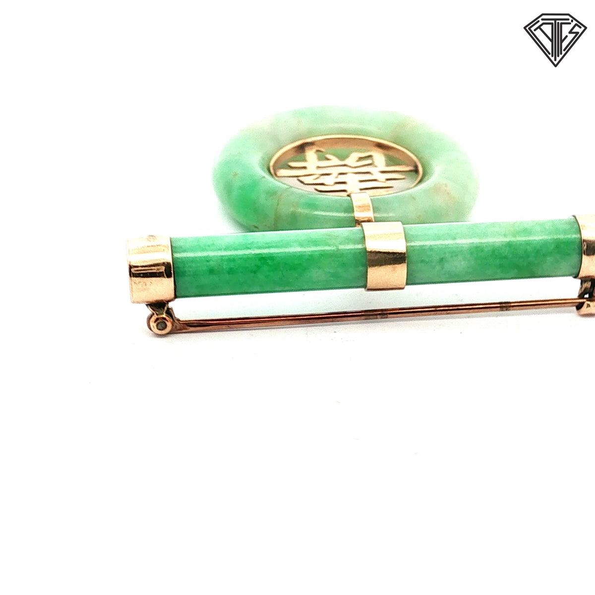 14k Yellow Gold Vintage Chinese Jade Bar Brooch and Pendant Convertible Design Bar Brooch/ Central Symbol Longevity