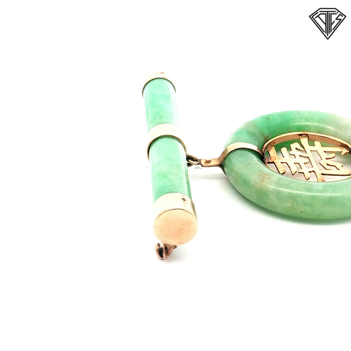 14k Yellow Gold Vintage Chinese Jade Bar Brooch and Pendant Convertible Design Bar Brooch/ Central Symbol Longevity