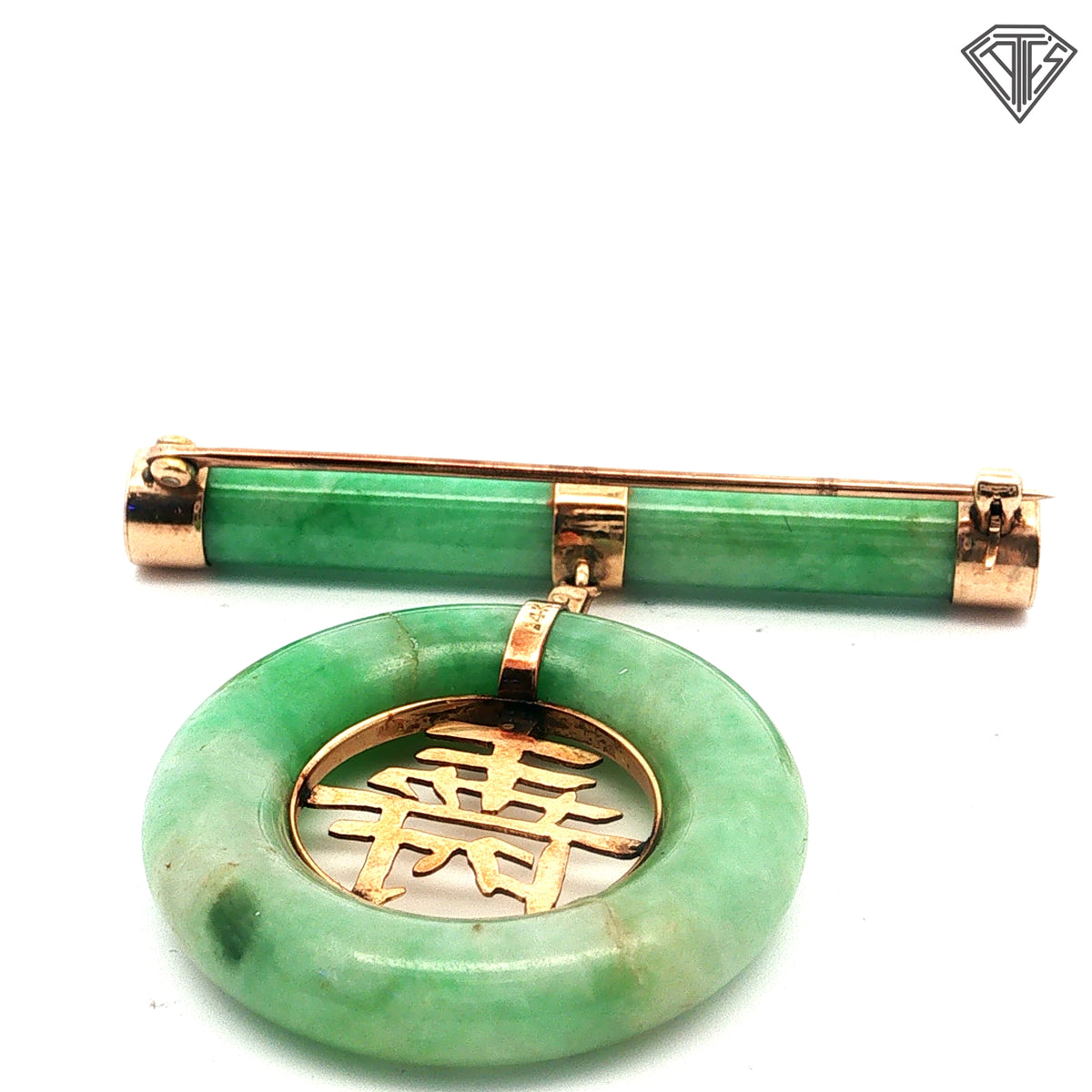 14k Yellow Gold Vintage Chinese Jade Bar Brooch and Pendant Convertible Design Bar Brooch/ Central Symbol Longevity