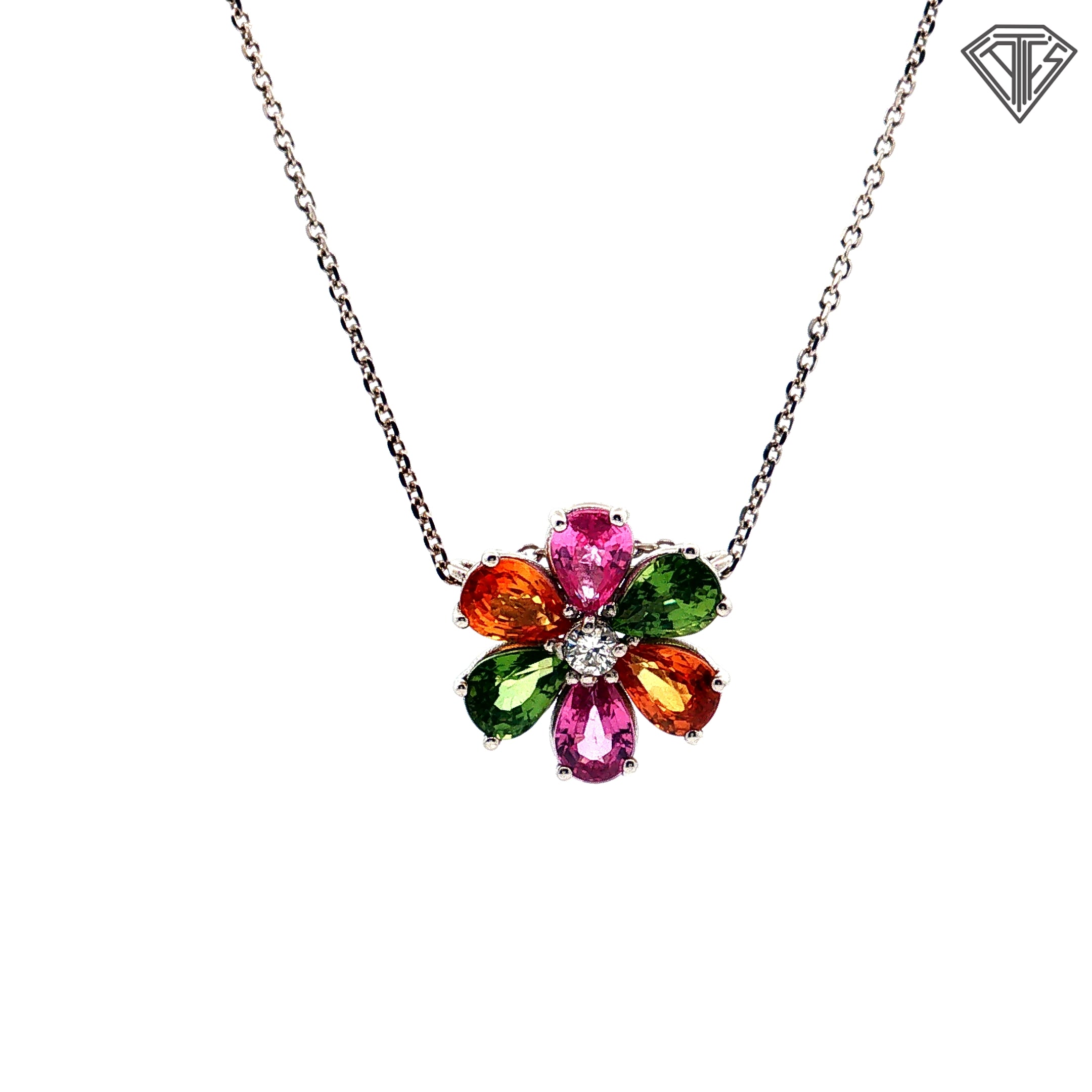 14k White Gold 2.00ct Multi-Color Pink, Orange and Green Pear Shaped Sapphire / .20ct G VS2 Round Diamond Flower Necklace