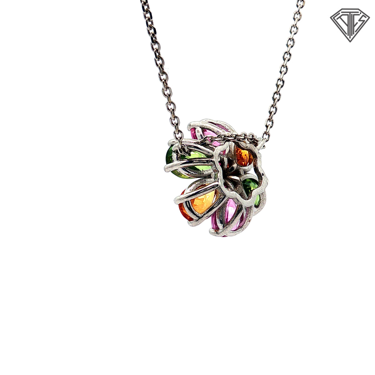 14k White Gold 2.00ct Multi-Color Pink, Orange and Green Pear Shaped Sapphire / .20ct G VS2 Round Diamond Flower Necklace