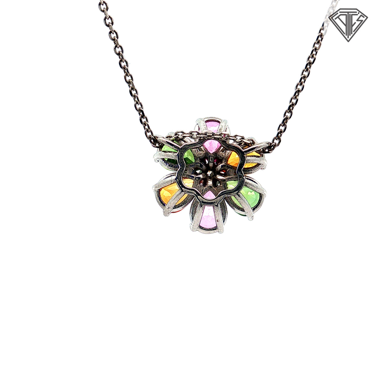 14k White Gold 2.00ct Multi-Color Pink, Orange and Green Pear Shaped Sapphire / .20ct G VS2 Round Diamond Flower Necklace