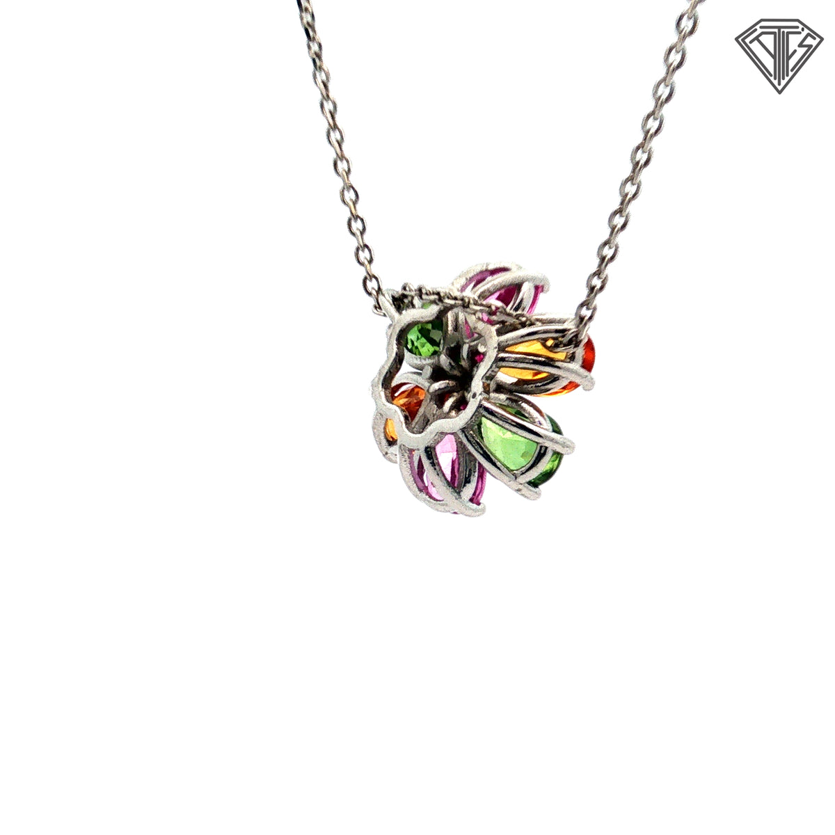 14k White Gold 2.00ct Multi-Color Pink, Orange and Green Pear Shaped Sapphire / .20ct G VS2 Round Diamond Flower Necklace