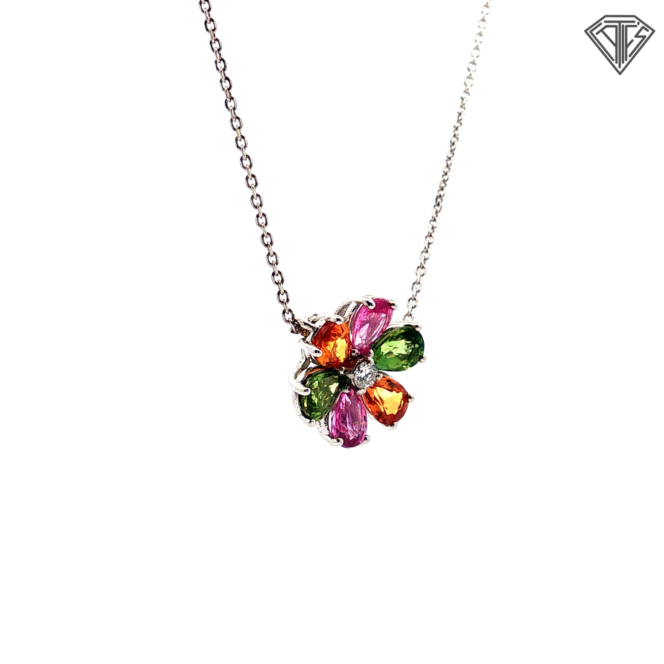 14k White Gold 2.00ct Multi-Color Pink, Orange and Green Pear Shaped Sapphire / .20ct G VS2 Round Diamond Flower Necklace